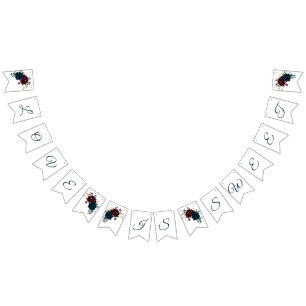 ブルゴーニュ&ネイビー素朴フラワーズ結婚ウッド バンティングフラッグ