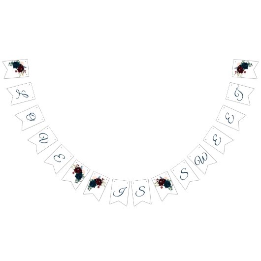 ブルゴーニュ&ネイビー素朴フラワーズ結婚ウッド バンティングフラッグ (全)