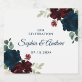 ブルゴーニュ&ネイビー素朴フラワーズ結婚ウッド リキュールボトルラベル (シングルラベル)