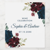 ブルゴーニュ&ネイビー素朴フラワーズ結婚ウッド ワインラベル (シングルラベル)