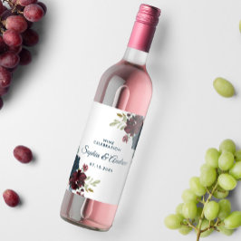 ブルゴーニュ&ネイビー素朴フラワーズ結婚ウッド ワインラベル