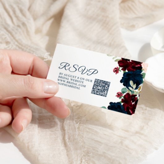 ブルゴーニュ&ネイビー素朴ブライダルシャワーQR RSVP エンクロージャーカード