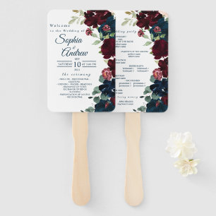 ブルゴーニュ&ネイビー結婚ブルーの花のセット ハンドファン