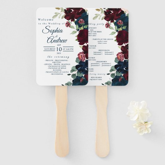 ブルゴーニュ&ネイビー結婚ブルーの花のセット ハンドファン (正面&裏面)