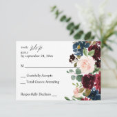 ブルゴーニュ&ネイビー，ピンクフローラの食事RSVPカード 出欠カード (スタンド正面)