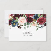 ブルゴーニュ&ネイビー，ピンクフローラの食事RSVPカード 出欠カード (裏面)