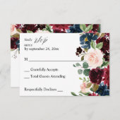 ブルゴーニュ&ネイビー，ピンクフローラの食事RSVPカード 出欠カード (正面/裏面)