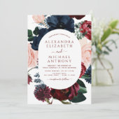 ブルゴーニュ・ネイビー・ブルー写真フローラユーカリ結婚ス 招待状 (スタンド正面)