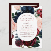 ブルゴーニュ・ネイビー・ブルー写真フローラユーカリ結婚ス 招待状 (正面/裏面)