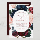 ブルゴーニュ・ネイビー・ブルー写真フローラユーカリ結婚ス 招待状 (正面/裏面)