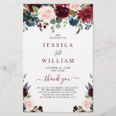 ブルゴーニュ・ネイビー・ブルー赤面結婚の式典プログラム (正面)