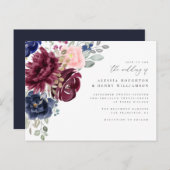 ブルゴーニュ、ネイビー&赤面ウォーターカラー結婚フローラ インビテーションポストカード (正面/裏面)