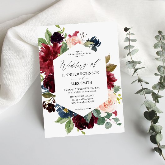 ブルゴーニュ&ネイビー、赤面ピンクフローラ結婚ズ 招待状