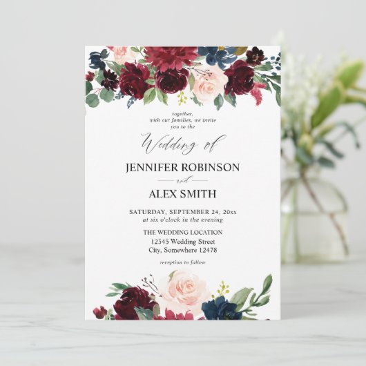 ブルゴーニュ&ネイビー、赤面ピンク結婚フローラズ2 Invite 招待状 (スタンド正面)