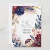 ブルゴーニュ，ネイビー，赤面ボホフローラブライダルシャワー 招待状 (正面)