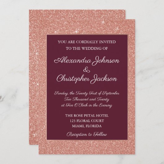 ブルゴーニュ&バラ金ゴールドグリッターとスパークル結婚ズ 招待状 (正面/裏面)