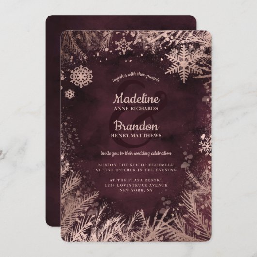 ブルゴーニュ&バラ金ゴールドスノーフレーク結婚ズ 招待状 (正面/裏面)