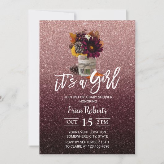 ブルゴーニュ&バラ金ゴールド秋のフローラジャー赤ちゃんシャワー 招待状 (正面)