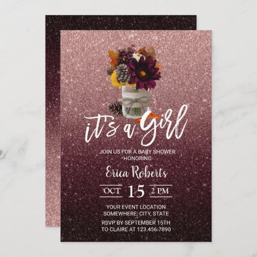 ブルゴーニュ&バラ金ゴールド秋のフローラジャー赤ちゃんシャワー 招待状 (正面/裏面)