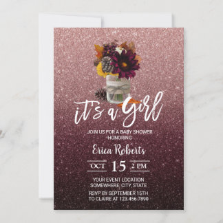 ブルゴーニュ&バラ金ゴールド秋のフローラジャー赤ちゃんシャワー 招待状