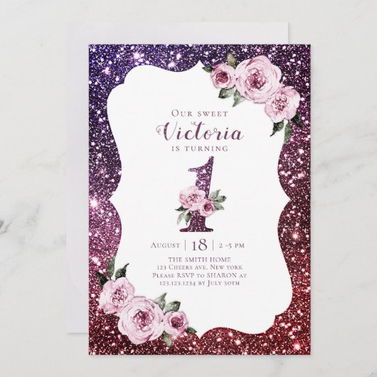 ブルゴーニュ・パープルグリッターとフローラ1歳 招待状 (正面/裏面)