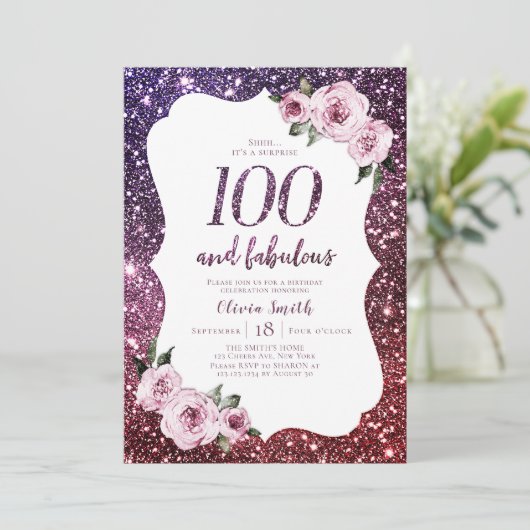 ブルゴーニュ・パープルグリッターとフローラ100歳の誕生日 招待状 (スタンド正面)