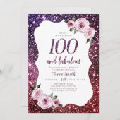 ブルゴーニュ・パープルグリッターとフローラ100歳の誕生日 招待状 (正面/裏面)