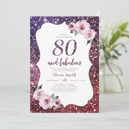 ブルゴーニュ・パープルグリッターとフローラ80歳の誕生日 招待状 (スタンド正面)