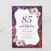ブルゴーニュ・パープルグリッターとフローラ85歳の誕生日 招待状 (正面/裏面)