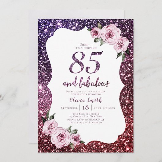 ブルゴーニュ・パープルグリッターとフローラ85歳の誕生日 招待状 (正面/裏面)