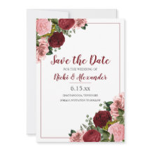 ブルゴーニュ・ピンクフラワーの結婚式・白い記念日カード