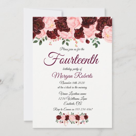ブルゴーニュ・ピンクローズ14thバースデーパーティー招待状 招待状 (正面)