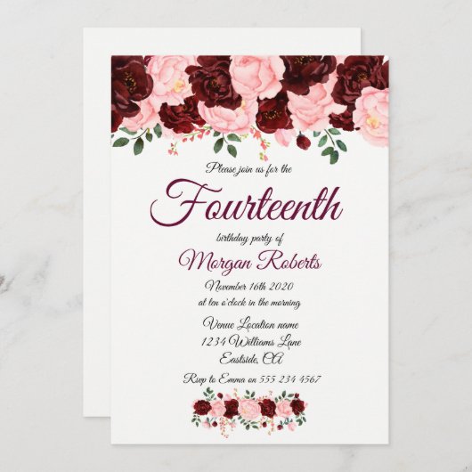 ブルゴーニュ・ピンクローズ14thバースデーパーティー招待状 招待状 (正面/裏面)