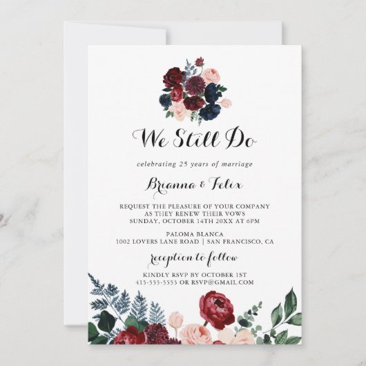 ブルゴーニュ・ピンク・ネイビーフローラ我々はまだ誓いを更新する 招待状 (正面)