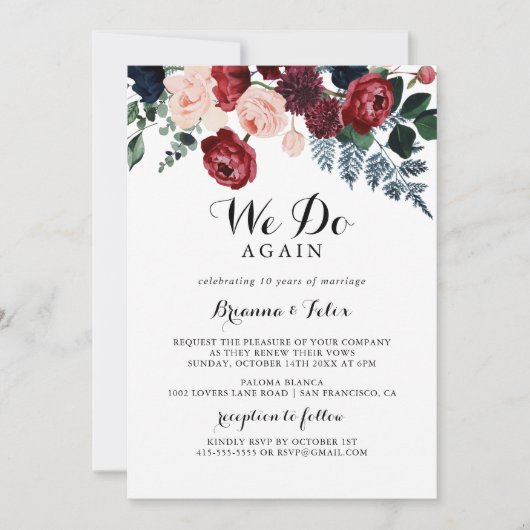 ブルゴーニュ・ピンク・ネイビーフローラ我々は再び誓いを立てる 招待状 (正面)