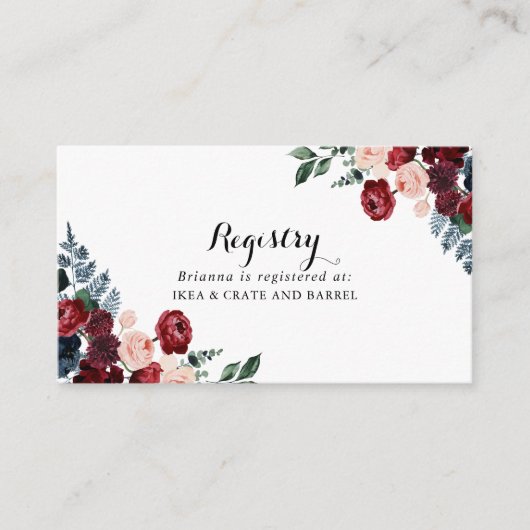 ブルゴーニュ・ピンク・ネイビー結婚フローラのギフトレジストリ エンクロージャーカード (正面)