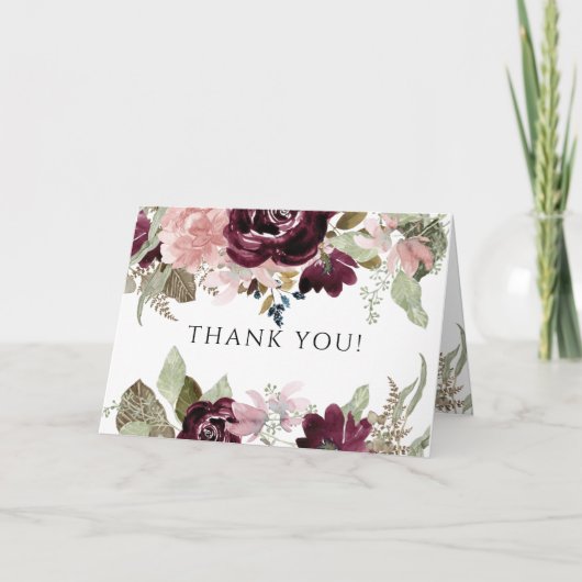 ブルゴーニュ·ピンク·フローラ結婚の写真ありがとう カード (正面)