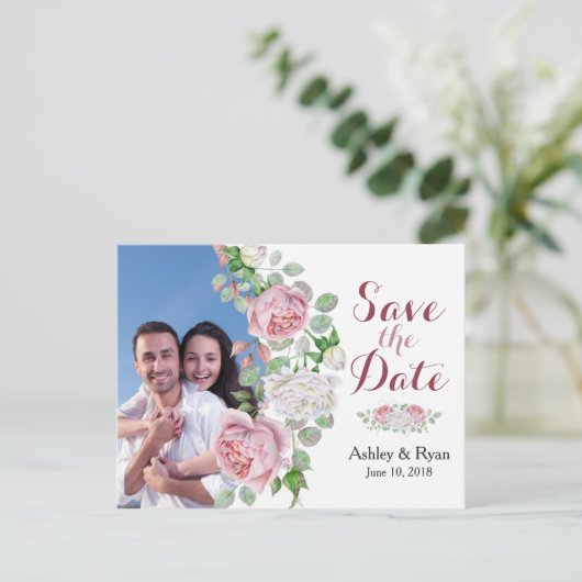 ブルゴーニュ・ピンク・ローズ写真結婚式デートを除く 案内ポストカード (スタンド正面)