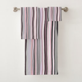 ブルゴーニュ、ピンク、紫の波状のストライプ バスタオルセット