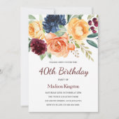 ブルゴーニュ&ピーチウォーター色フローラ40th誕生日 招待状 (正面)