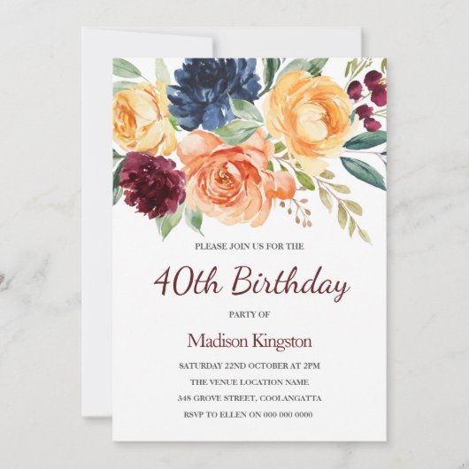 ブルゴーニュ&ピーチウォーター色フローラ40th誕生日 招待状 (正面)