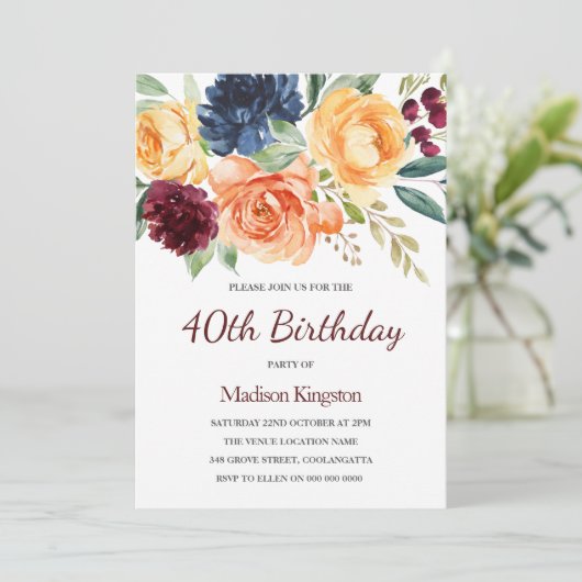 ブルゴーニュ&ピーチウォーター色フローラ40th誕生日 招待状 (スタンド正面)