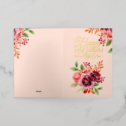 ブルゴーニュ&ピーチフローラブーケ母の日 箔グリーティングカード (外側レイダウン)