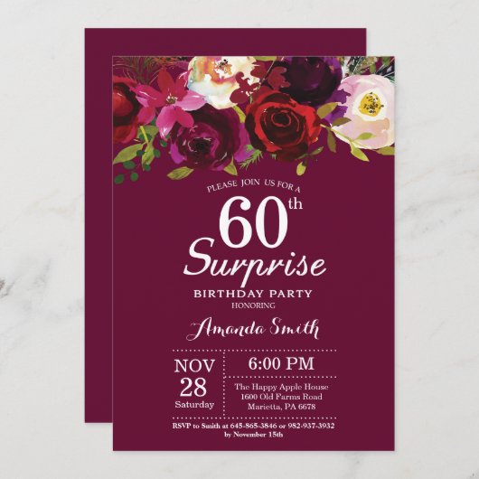 ブルゴーニュ・フローラ・サプライズ第60回誕生日パーティー 招待状 (正面/裏面)