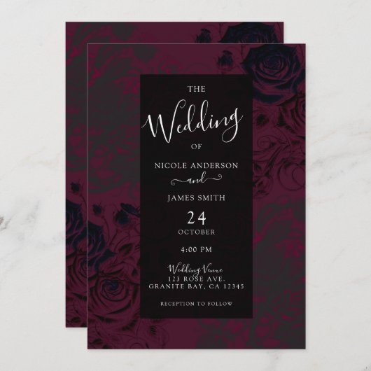 ブルゴーニュ&ブラックダークガーデンゴシックグラム結婚ズ 招待状 (正面/裏面)