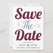 ブルゴーニュ、ブルーのタイポグラフィと背面の写真 セーブザデート (正面)