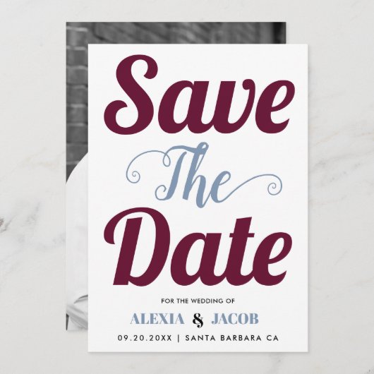 ブルゴーニュ、ブルーのタイポグラフィと背面の写真 セーブザデート (正面/裏面)