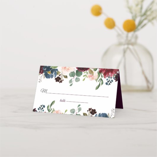 ブルゴーニュ&ブルーイングリッシュフラワー結婚ズ プレイスカード (正面)