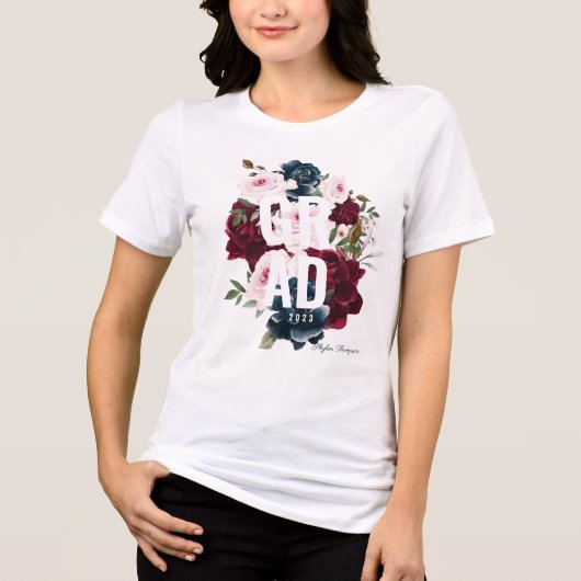 ブルゴーニュ&ブルーエレガントウォーターカラーフラワーズグラッド トライブレンドTシャツ (正面)