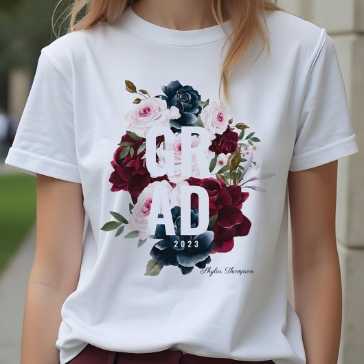 ブルゴーニュ&ブルーエレガントウォーターカラーフラワーズグラッド トライブレンドTシャツ